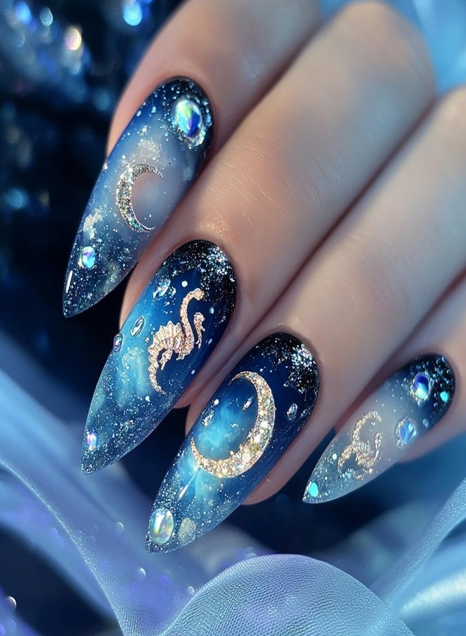 TBRZTR 24Pcs Dark Blue Starry Sky Press on Nails Medium Almond Shaped Moon Planet Pattern Design Handmade False Nails Full Cover Glossy Acrylic Atrificial Fingernails Blue Smudge DIY Stick on Nails for Women - Image 1